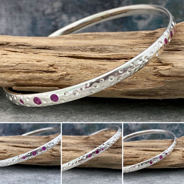 Solid silver and pink sapphire bangle 2
