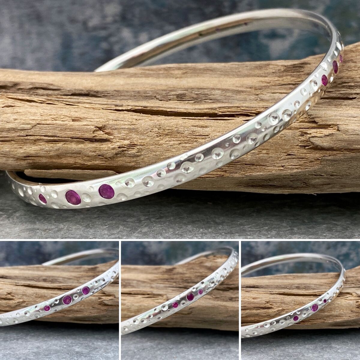 Solid silver and pink sapphire bangle 2