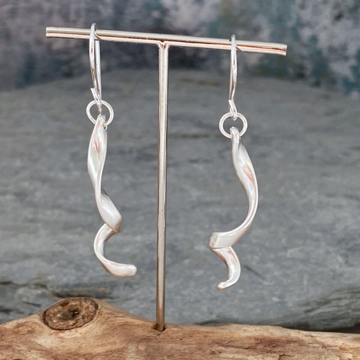 Long dangle brushed silver earrings 2