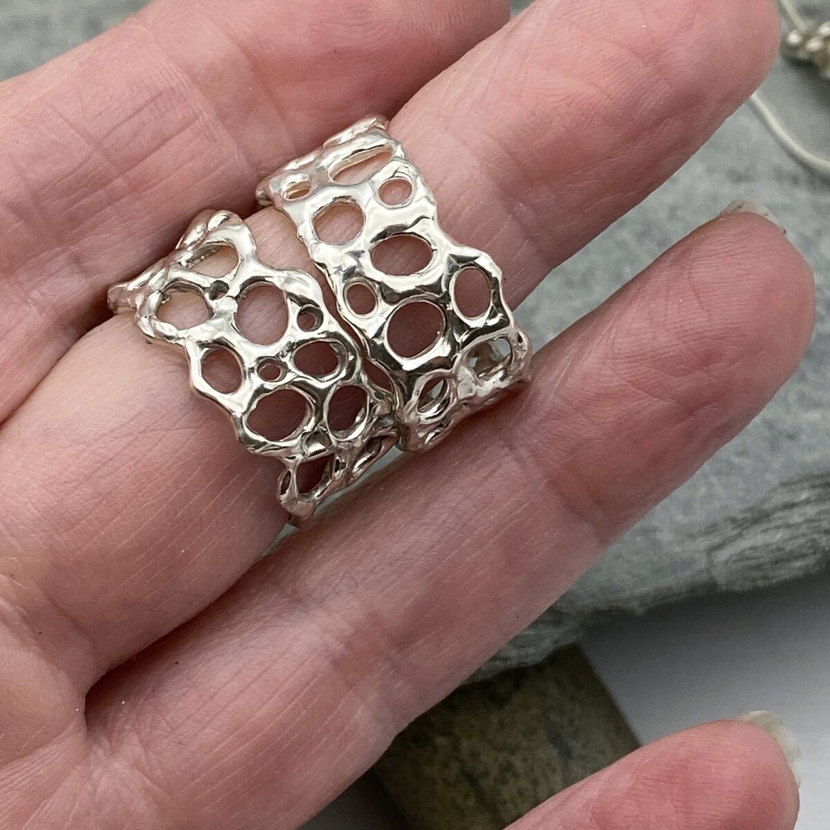 Wide bubbles inspired organic silver ring 2