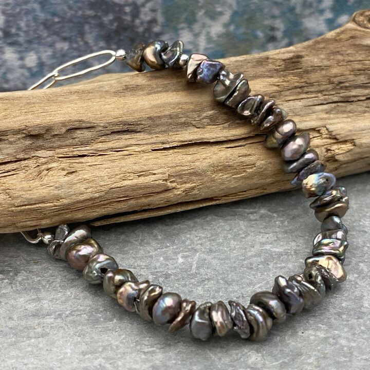 Peacock keshi pearls and paperclip chain bracelet