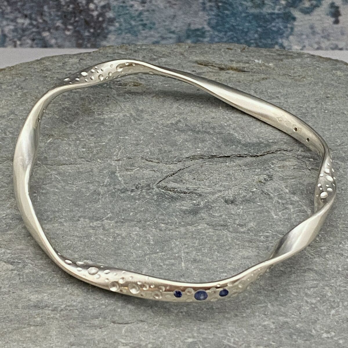 Twisted Silver Bubble Bangle with Blue Sapphires 4