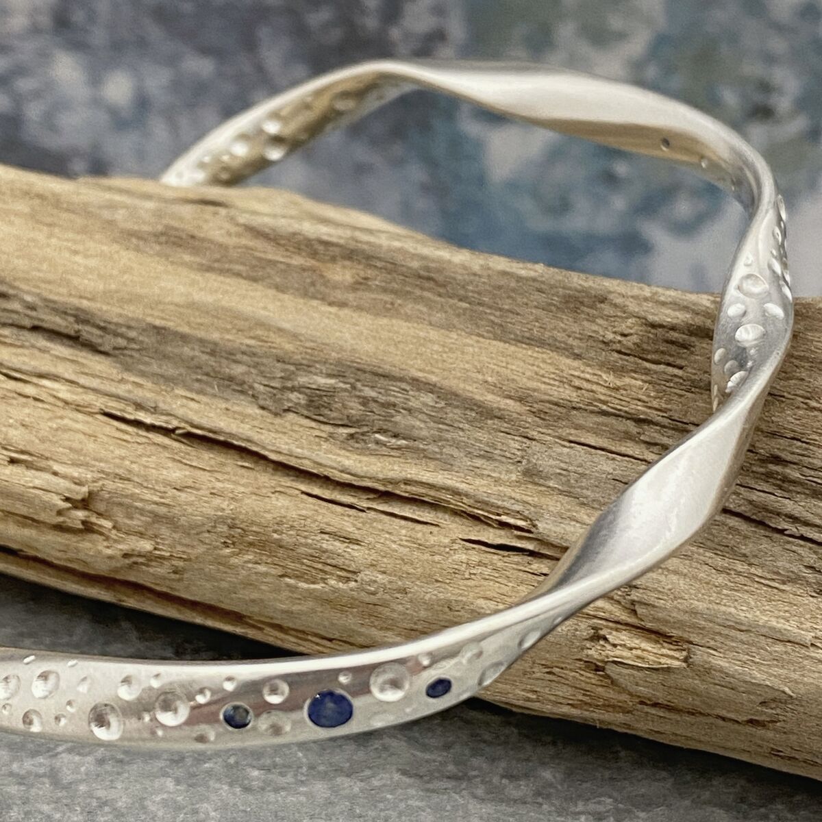 Twisted Silver Bubble Bangle with Blue Sapphires 3