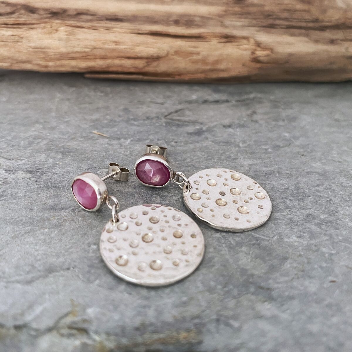 Ruby topped silver disc earrings 2