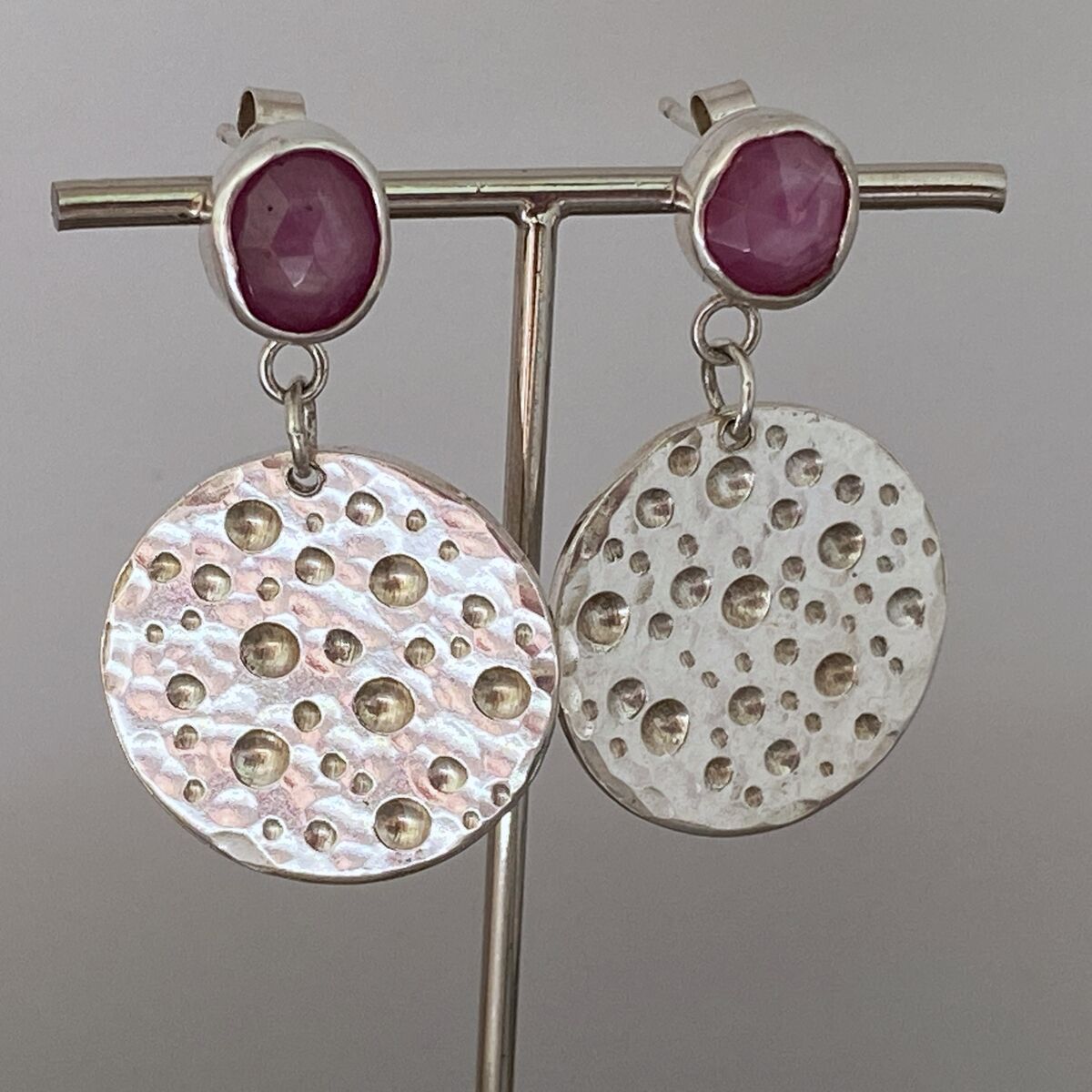 Ruby topped silver disc earrings 3