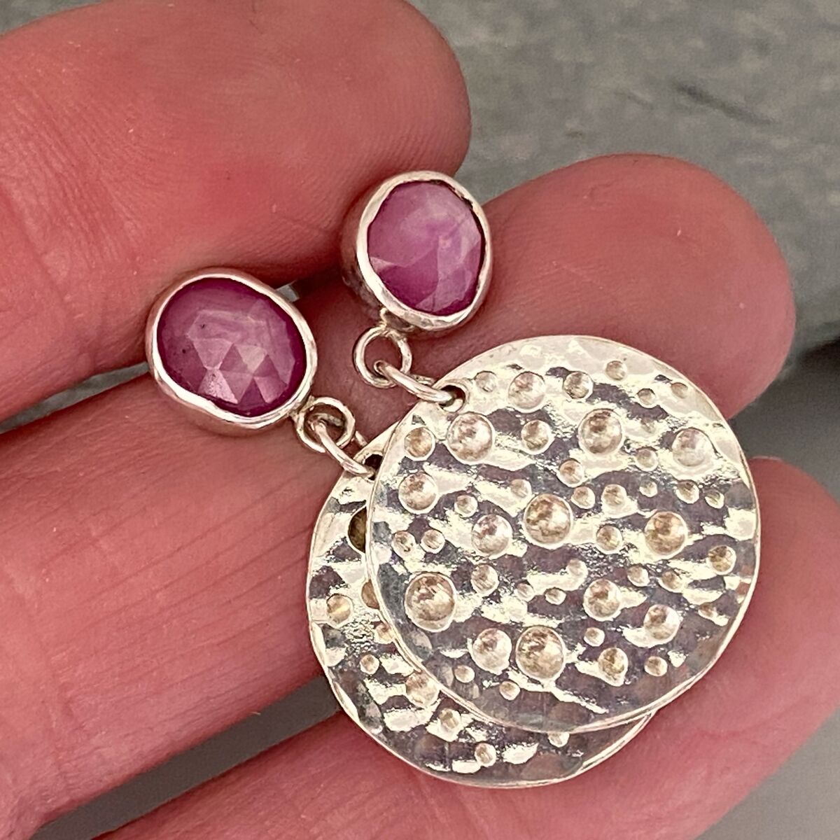 Ruby topped silver disc earrings 5