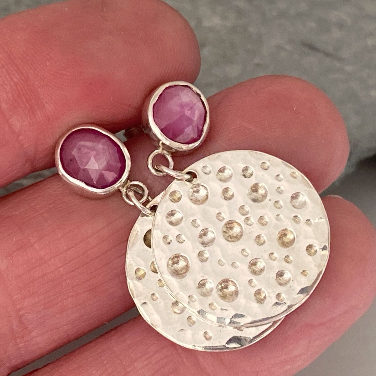 Ruby topped silver disc earrings 4