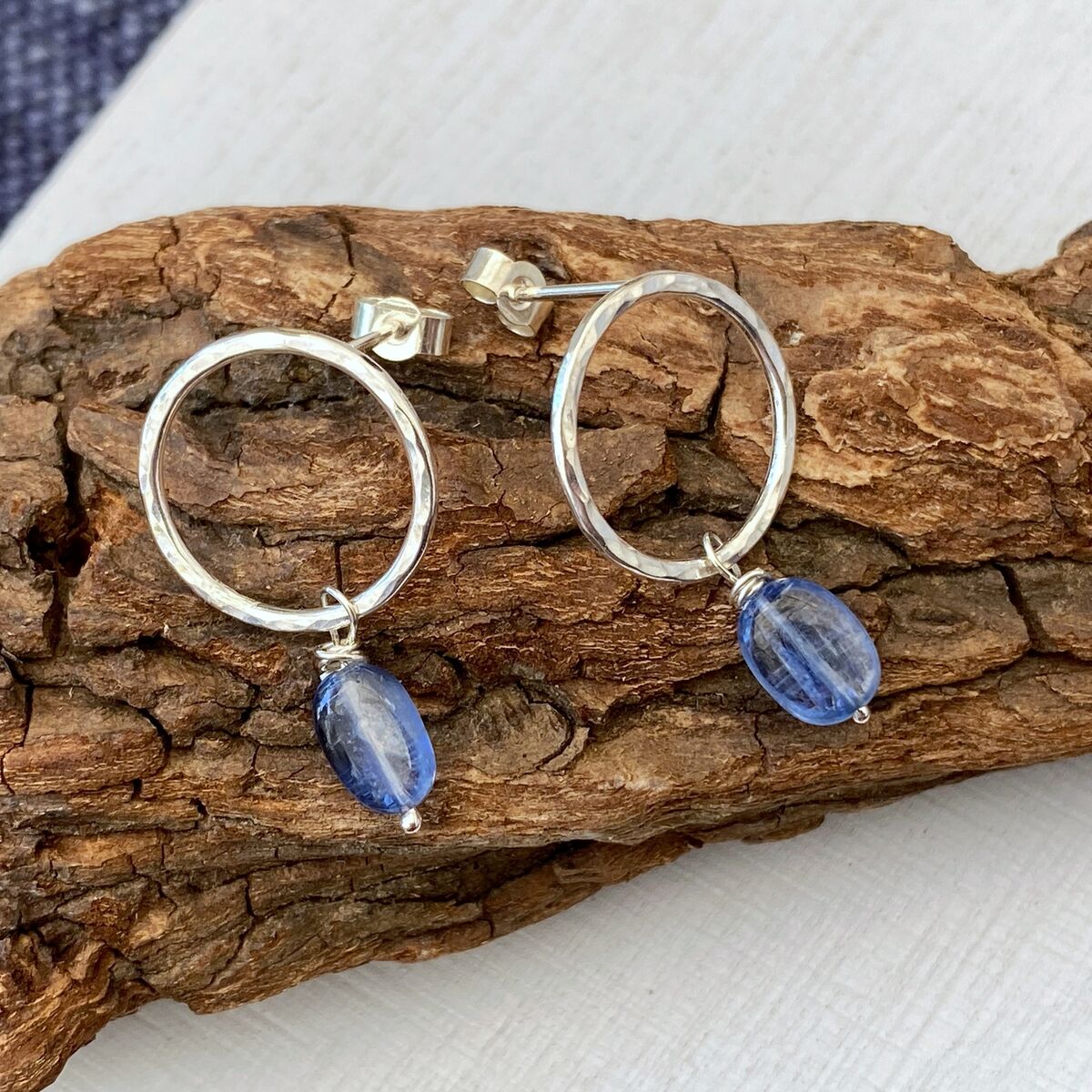 Round silver stud earrings with kyanite drops 2 Round silver stud earrings with kyanite drops 2