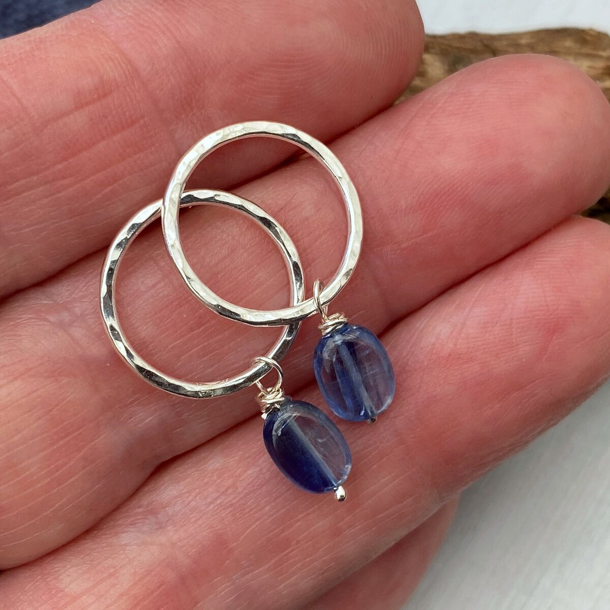 Round silver stud earrings with kyanite drops 3 Round silver stud earrings with kyanite drops 3