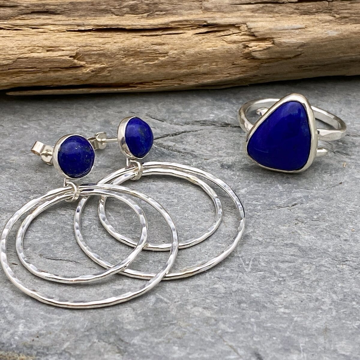 Lapis Lazuli topped silver hoop earrings 4 Lapis Lazuli topped silver hoop earrings 4