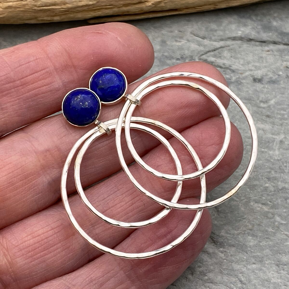 Lapis Lazuli topped silver hoop earrings Lapis Lazuli topped silver hoop earrings
