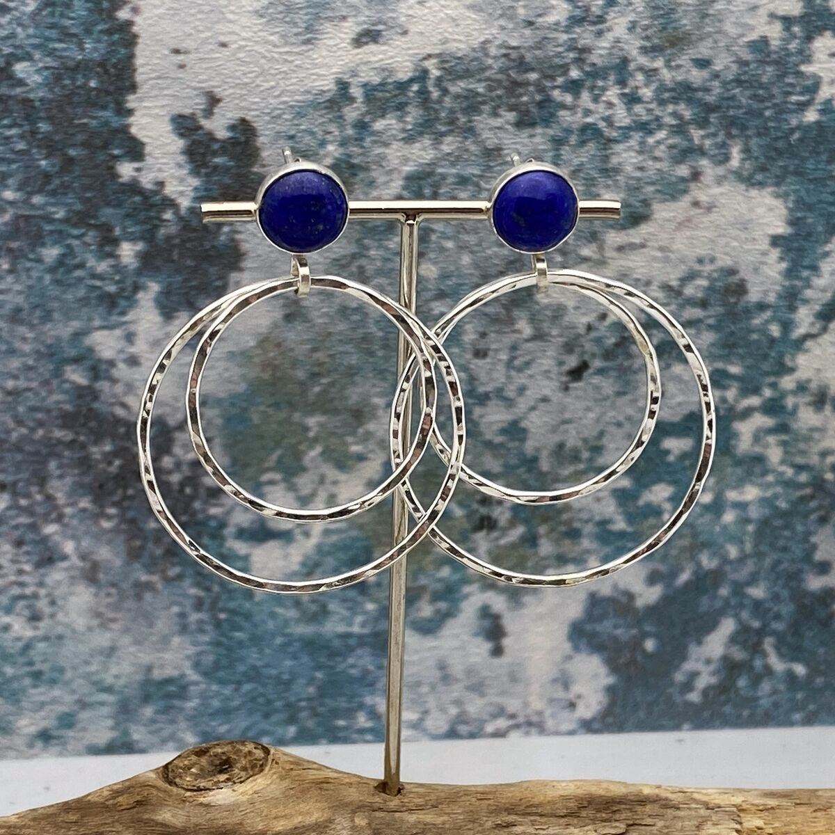 Lapis Lazuli topped silver hoop earrings 6 Lapis Lazuli topped silver hoop earrings 6