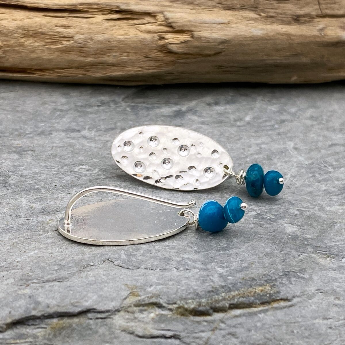 Hammered silver oval earrings with Chilean Opal bead drops 4 Hammered silver oval earrings with Chilean Opal bead drops 4