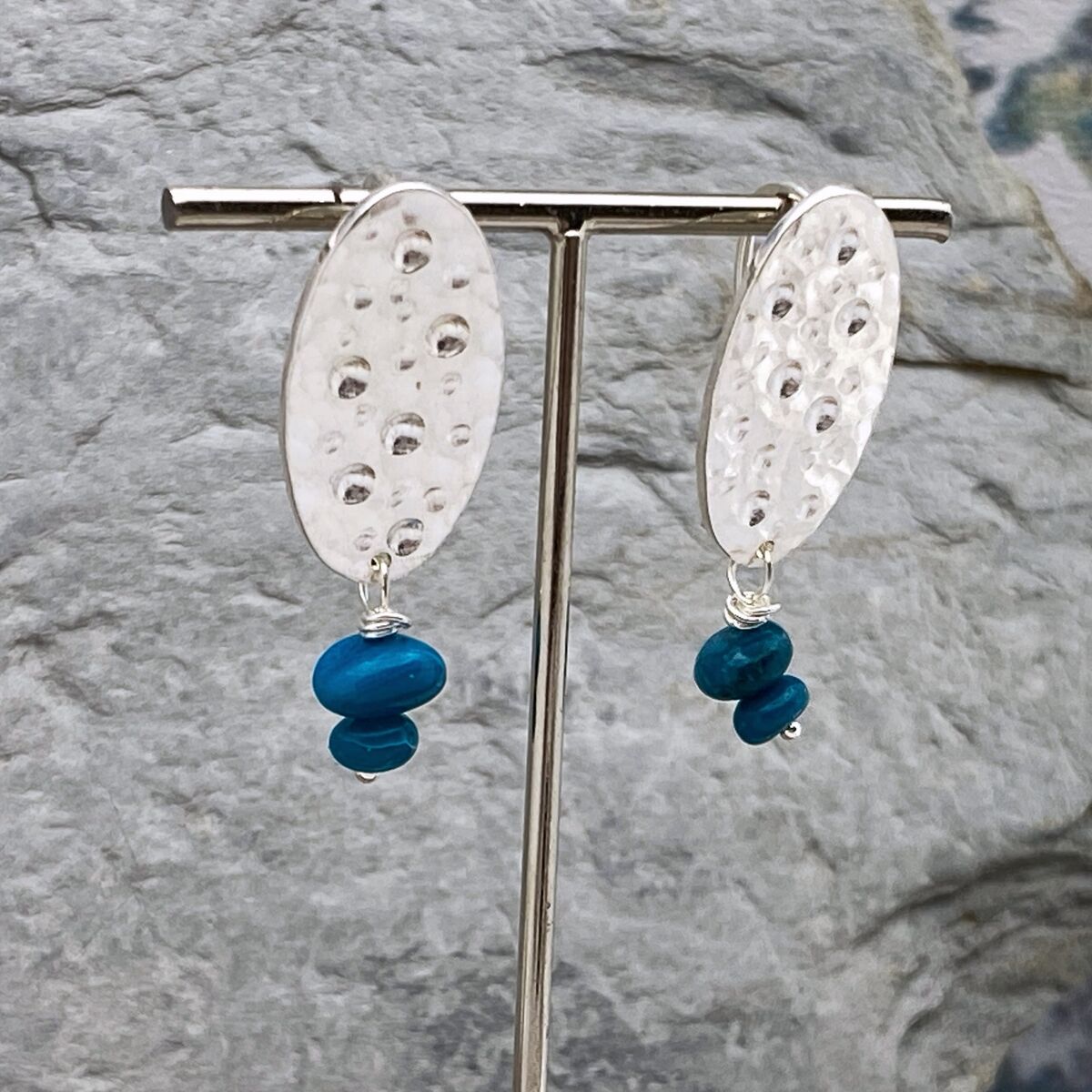 Hammered silver oval earrings with Chilean Opal bead drops 3 Hammered silver oval earrings with Chilean Opal bead drops 3