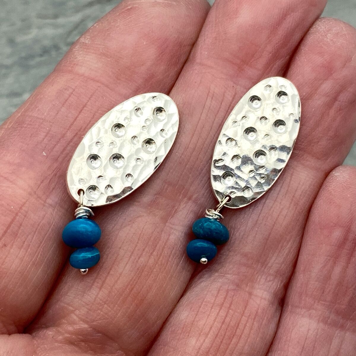 Hammered silver oval earrings with Chilean Opal bead drops 2 Hammered silver oval earrings with Chilean Opal bead drops 2