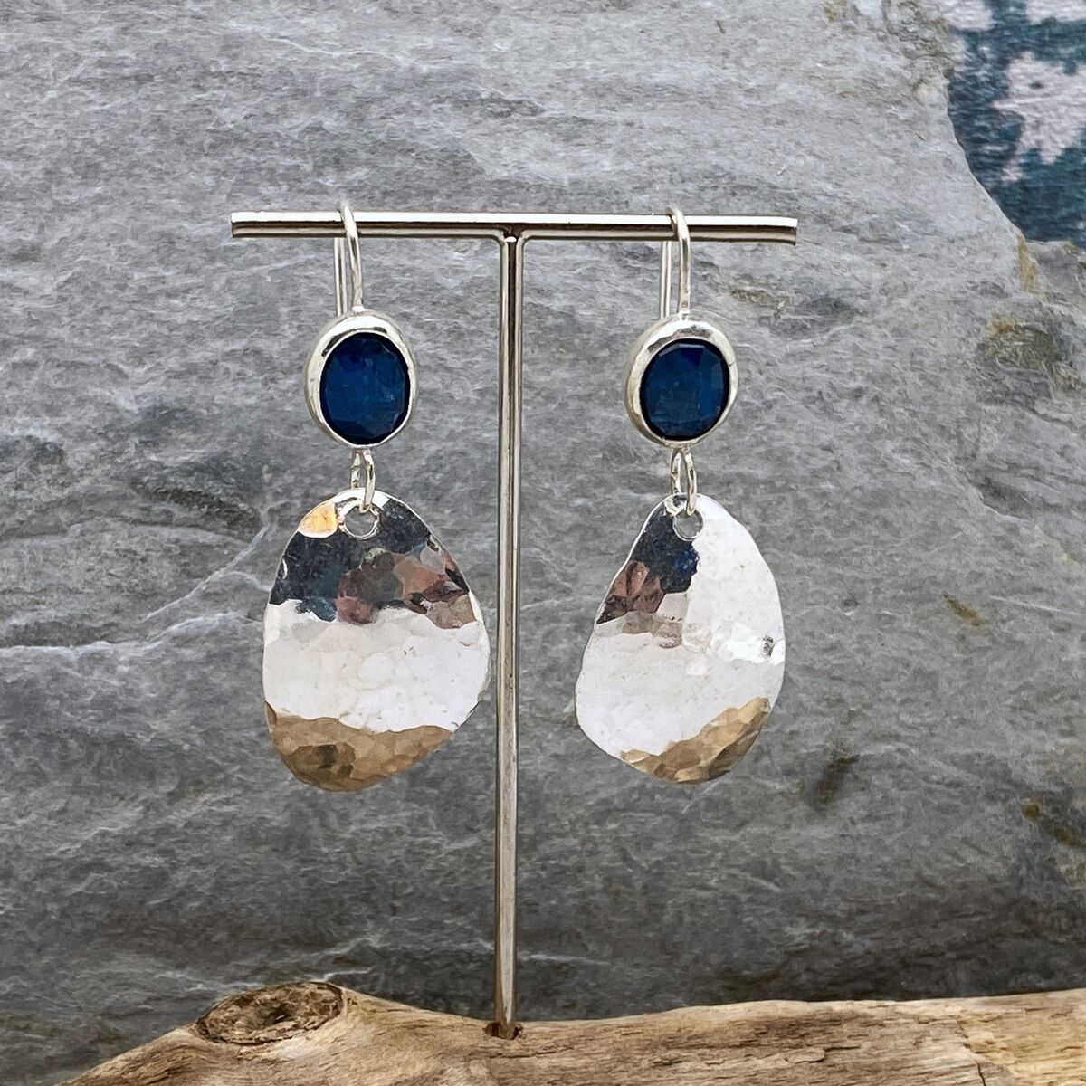 Neon sheen Kyanite topped hammered silver earrings 3 Neon sheen Kyanite topped hammered silver earrings 3