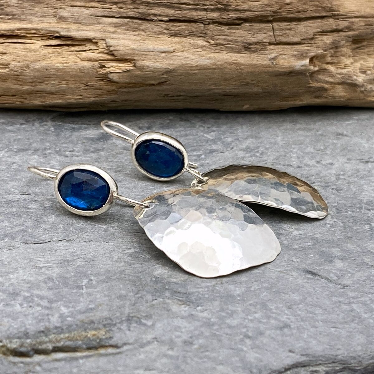 Neon sheen Kyanite topped hammered silver earrings Neon sheen Kyanite topped hammered silver earrings