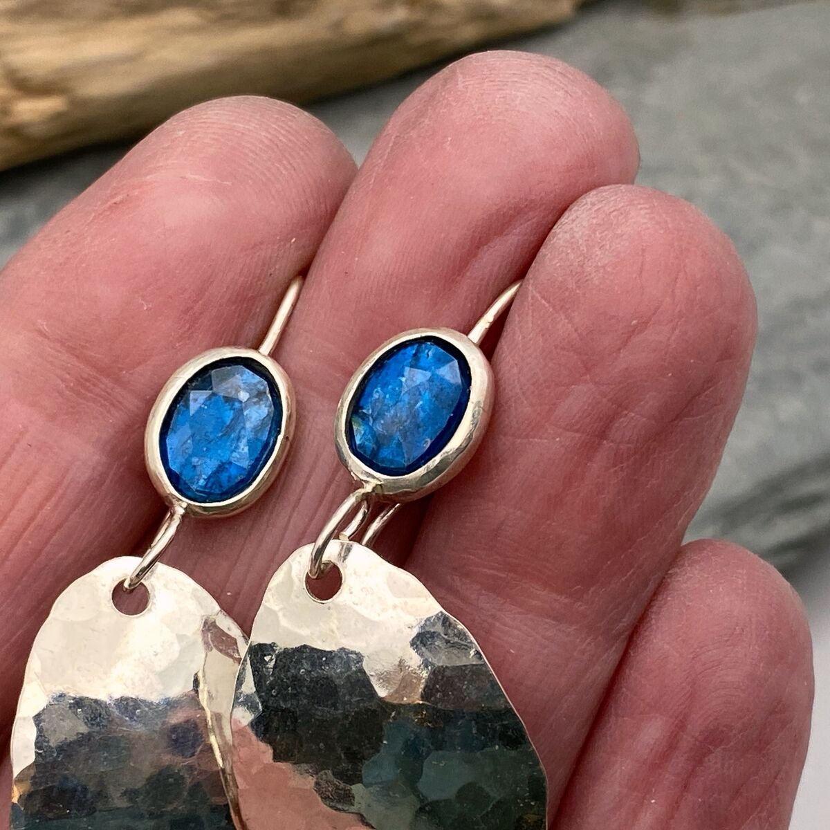 Neon sheen Kyanite topped hammered silver earrings 2 Neon sheen Kyanite topped hammered silver earrings 2