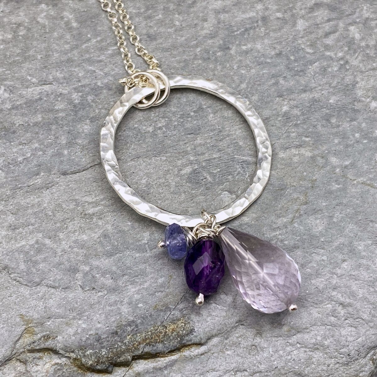 Silver ring pendant with Amethyst and tanzanite drops