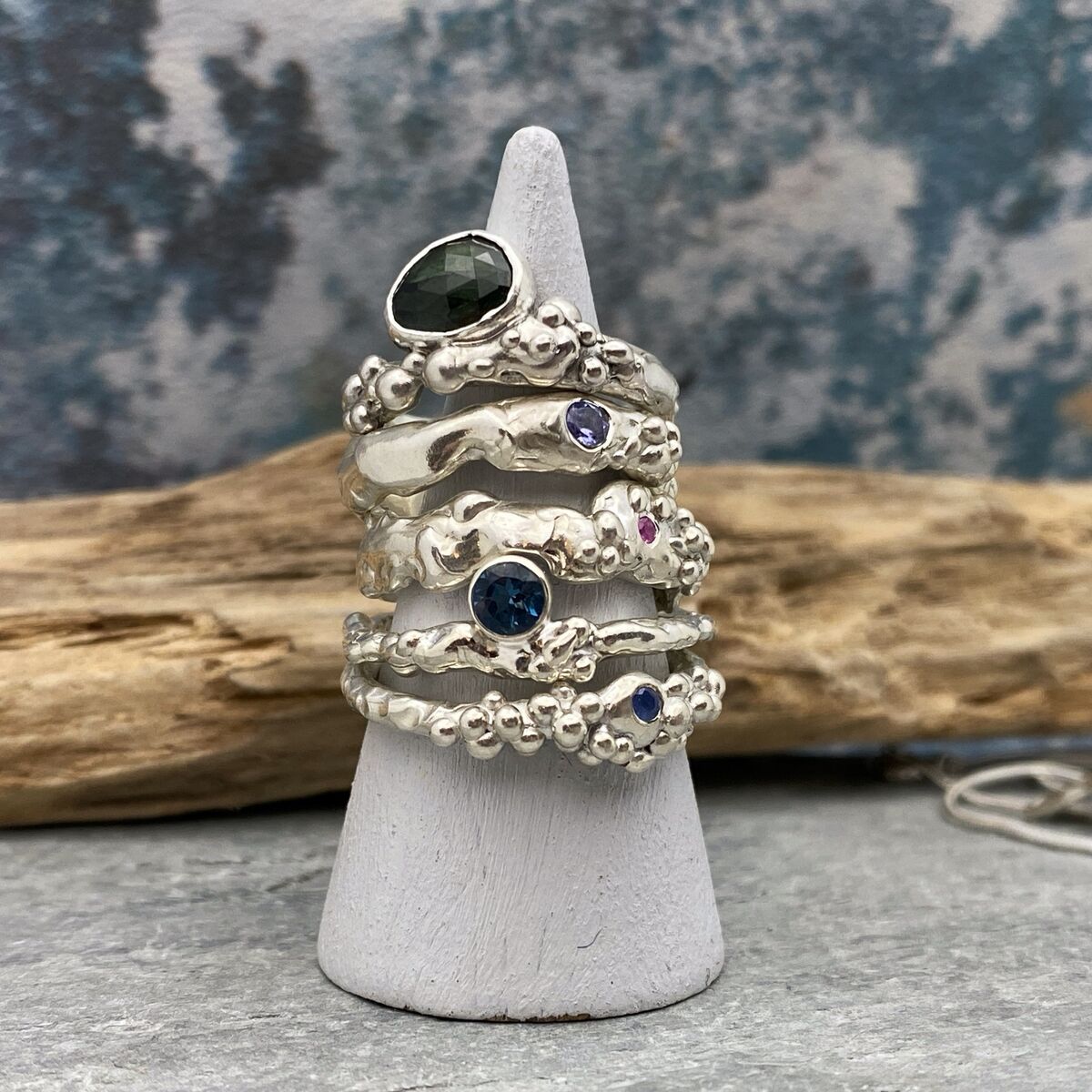 Green sapphire organic silver ring band 6