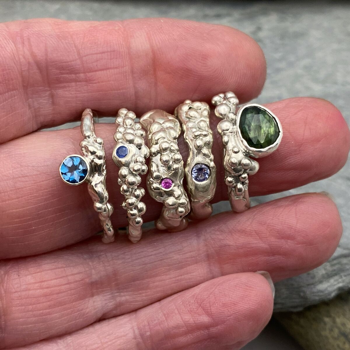 Green sapphire organic silver ring band 5