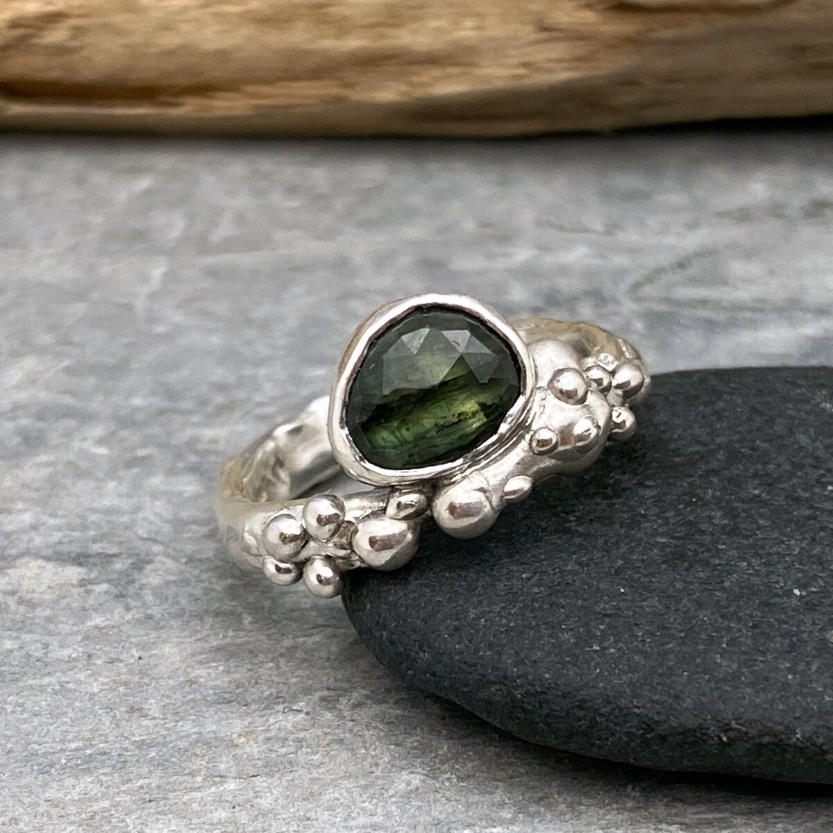 Green sapphire organic silver ring band Green sapphire organic silver ring band