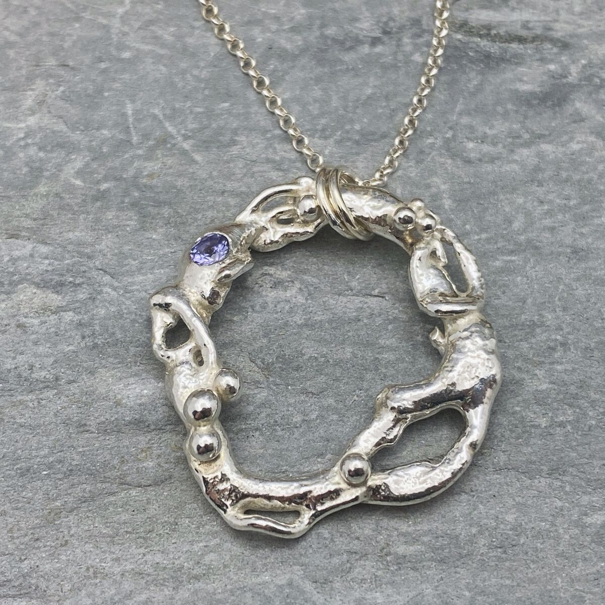 Recycled silver and Tanzanite circle pendant 3 Recycled silver and Tanzanite circle pendant 3