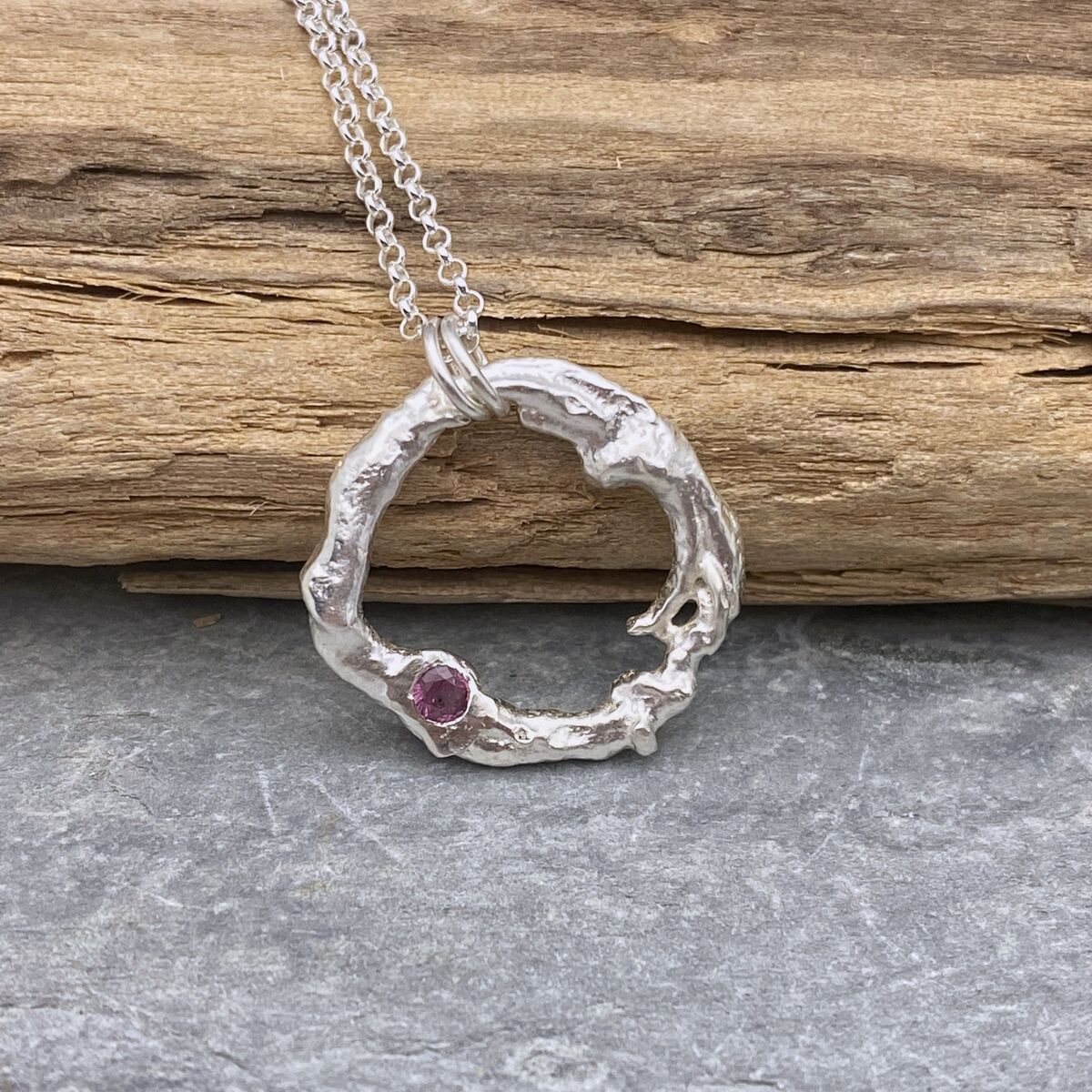 Pink sapphire organic silver pendant 3