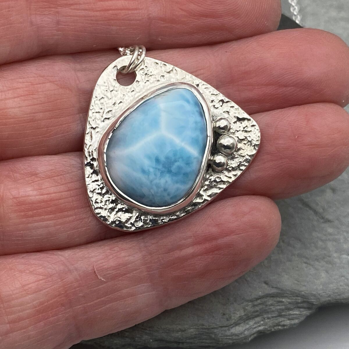 Triangular Larimar and silver pendant 2 Triangular Larimar and silver pendant 2