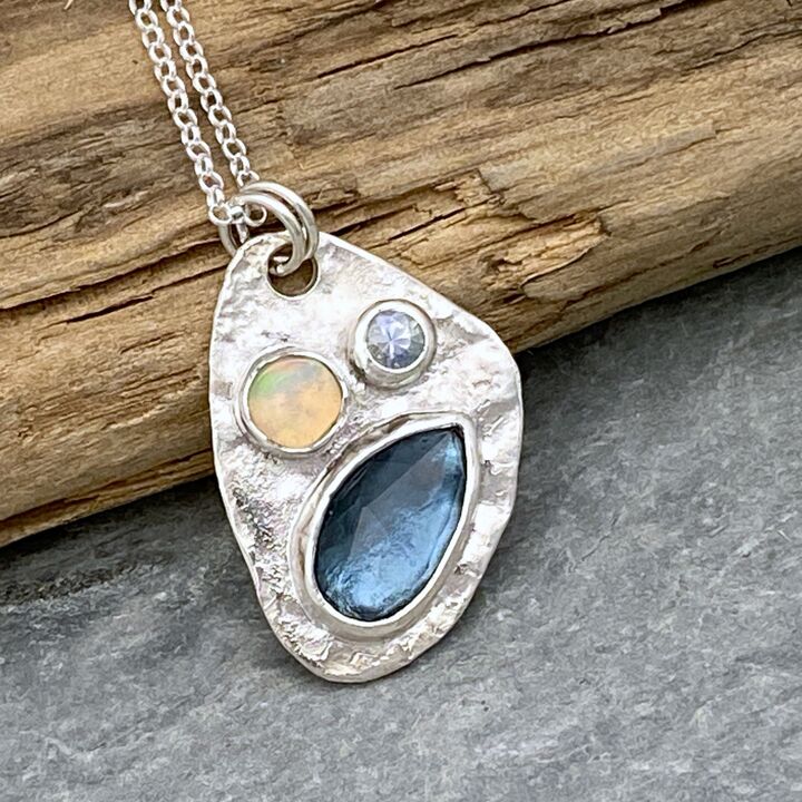 Textured reticulated silver with gemstones necklace