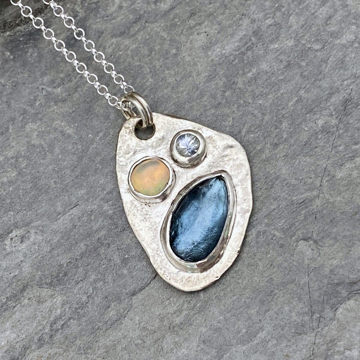 Textured reticulated silver with gemstones necklace 3