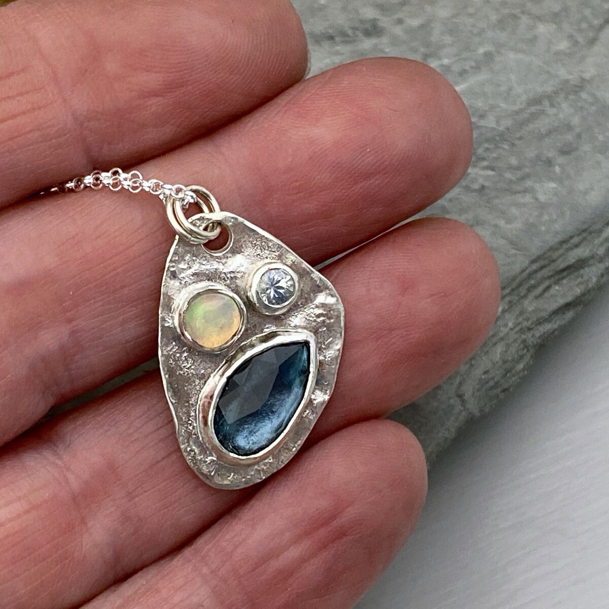 Textured reticulated silver with gemstones necklace 6