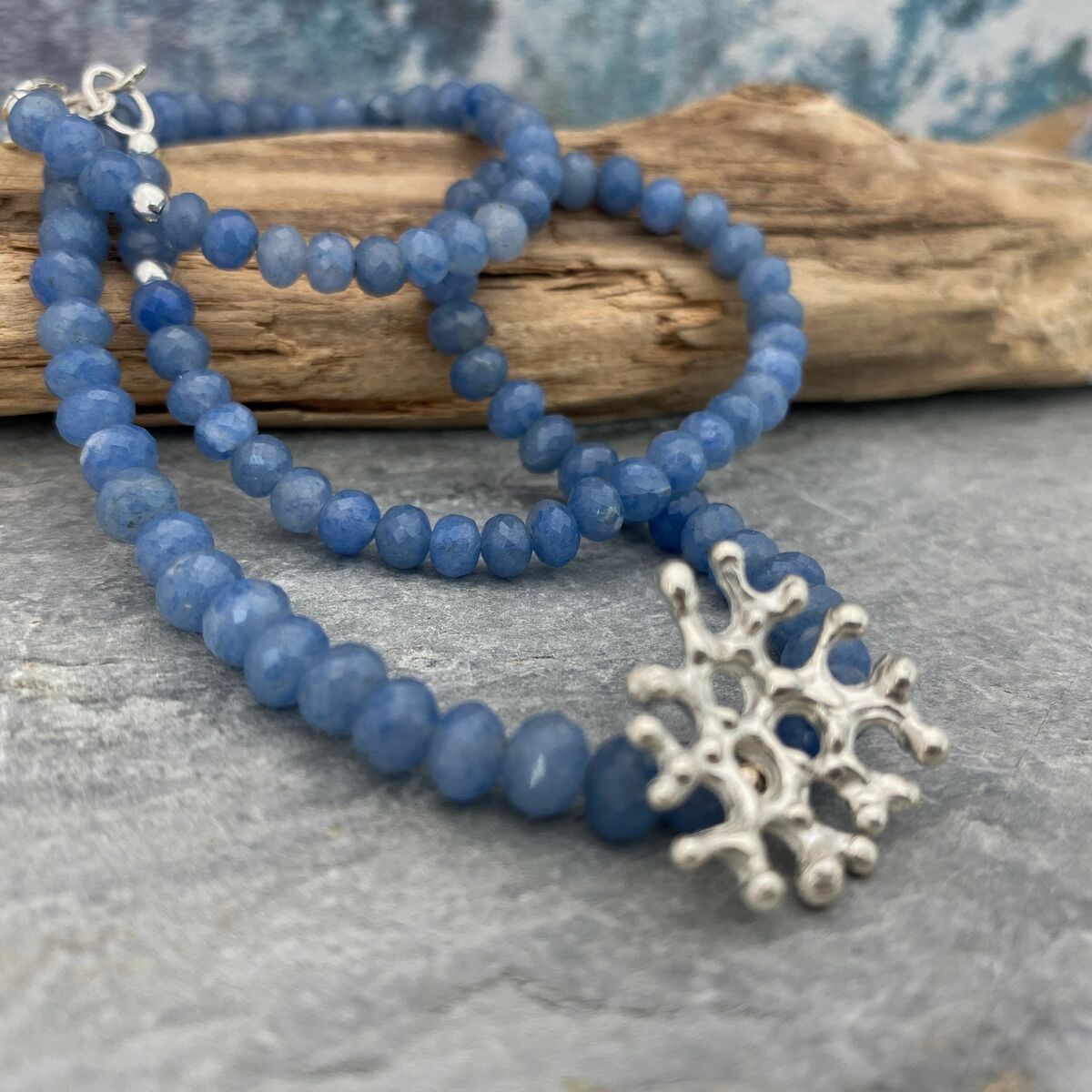 Coral inspired silver and blue necklace