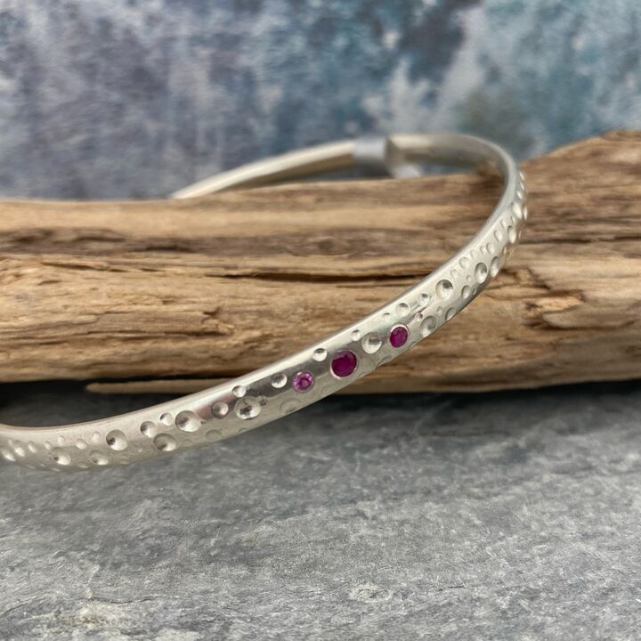 Solid silver and pink sapphire bangle 6