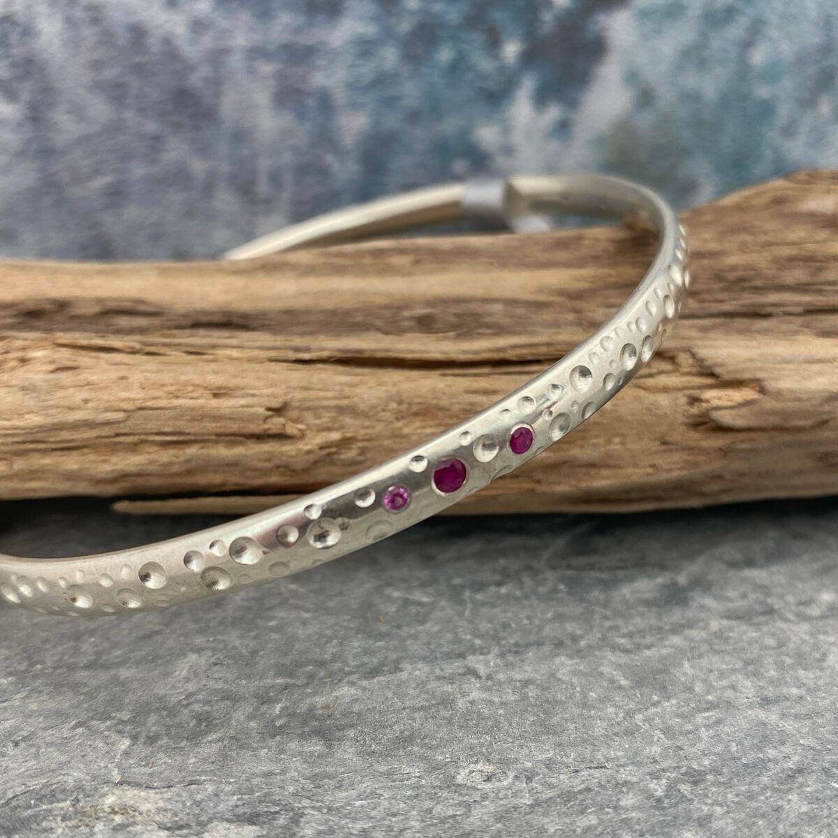 Solid silver and pink sapphire bangle 6