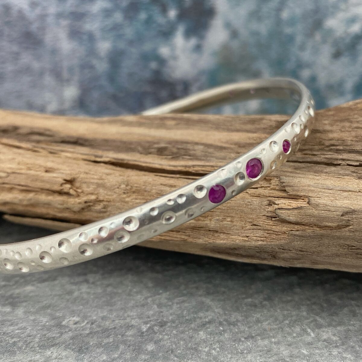 Solid silver and pink sapphire bangle 5