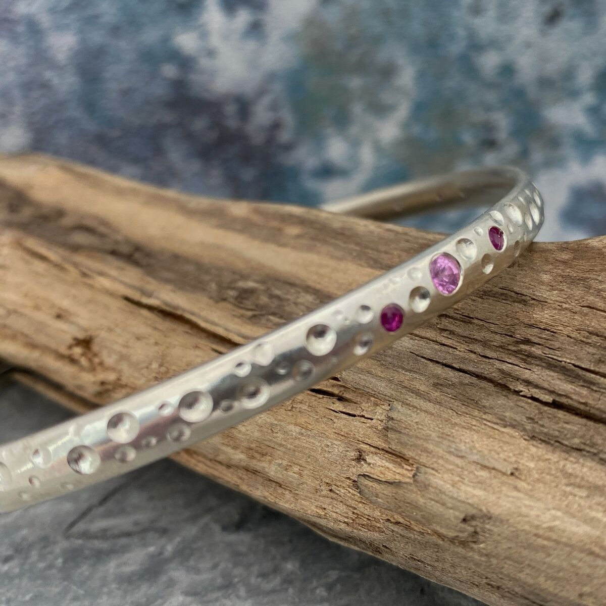 Solid silver and pink sapphire bangle 4