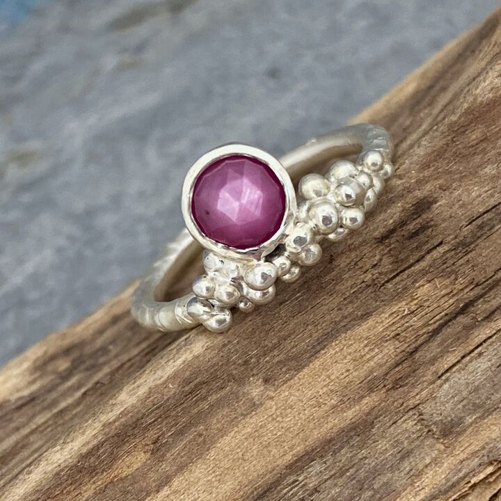 Granulated silver and Ruby gemstone ring