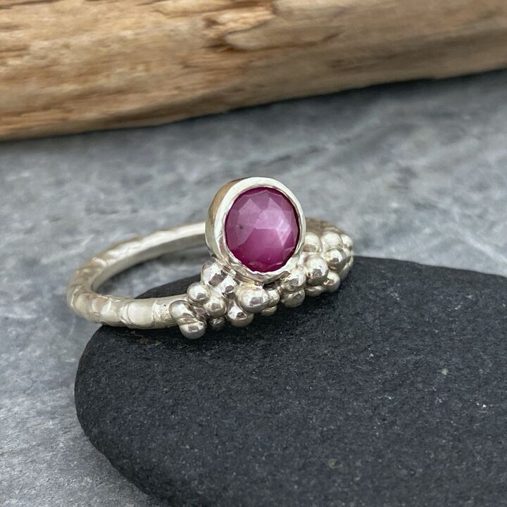 Granulated silver and Ruby gemstone ring 2