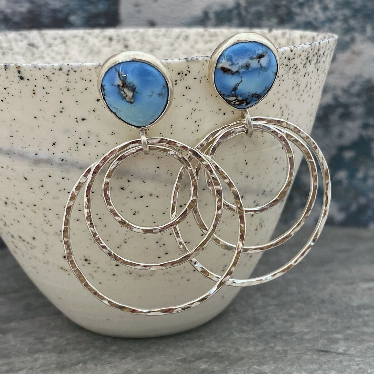 Turquoise topped silver hoop earrings