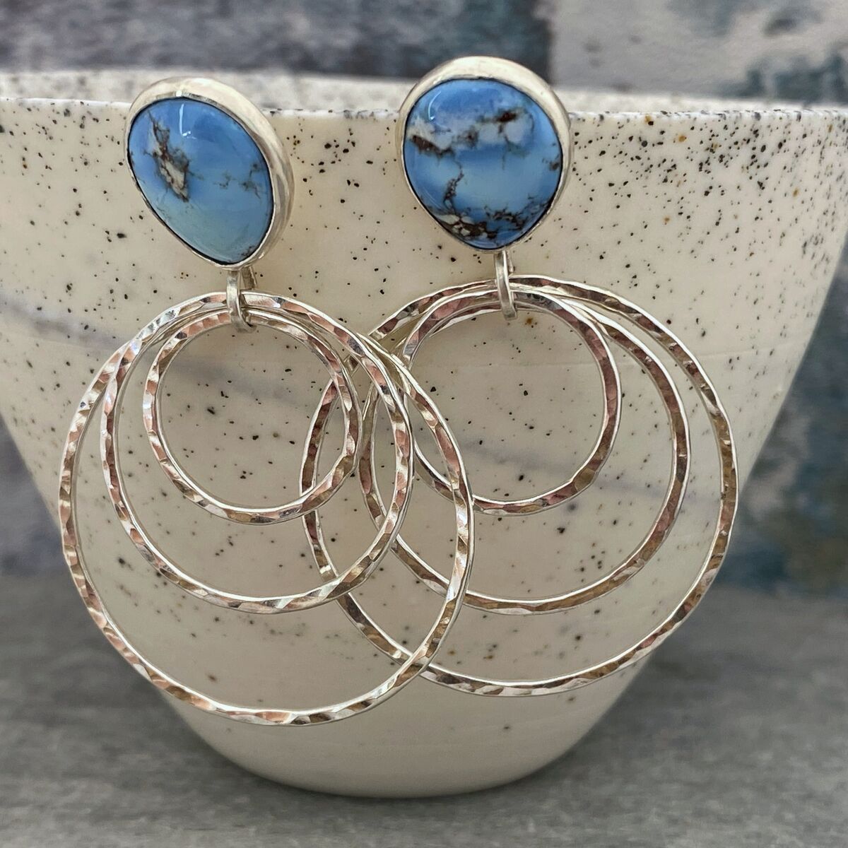 Turquoise topped silver hoop earrings 2