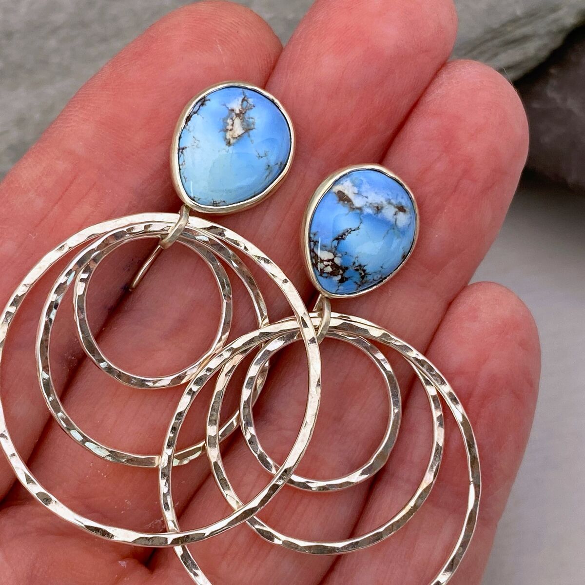 Turquoise topped silver hoop earrings 4