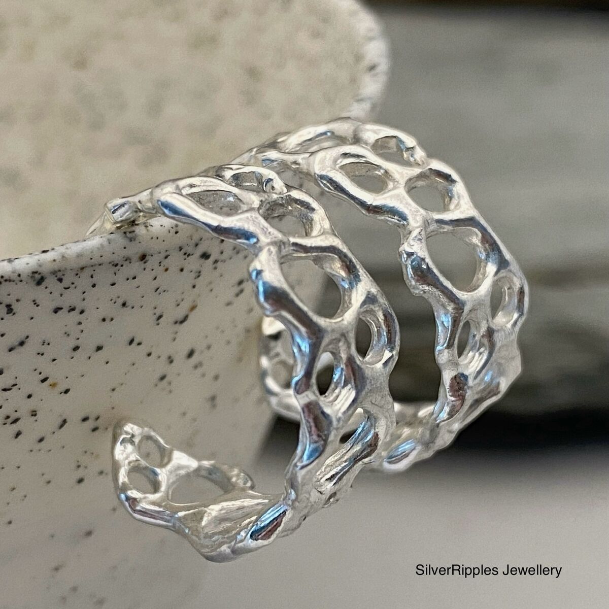 Erosion organic design silver hoop earrings