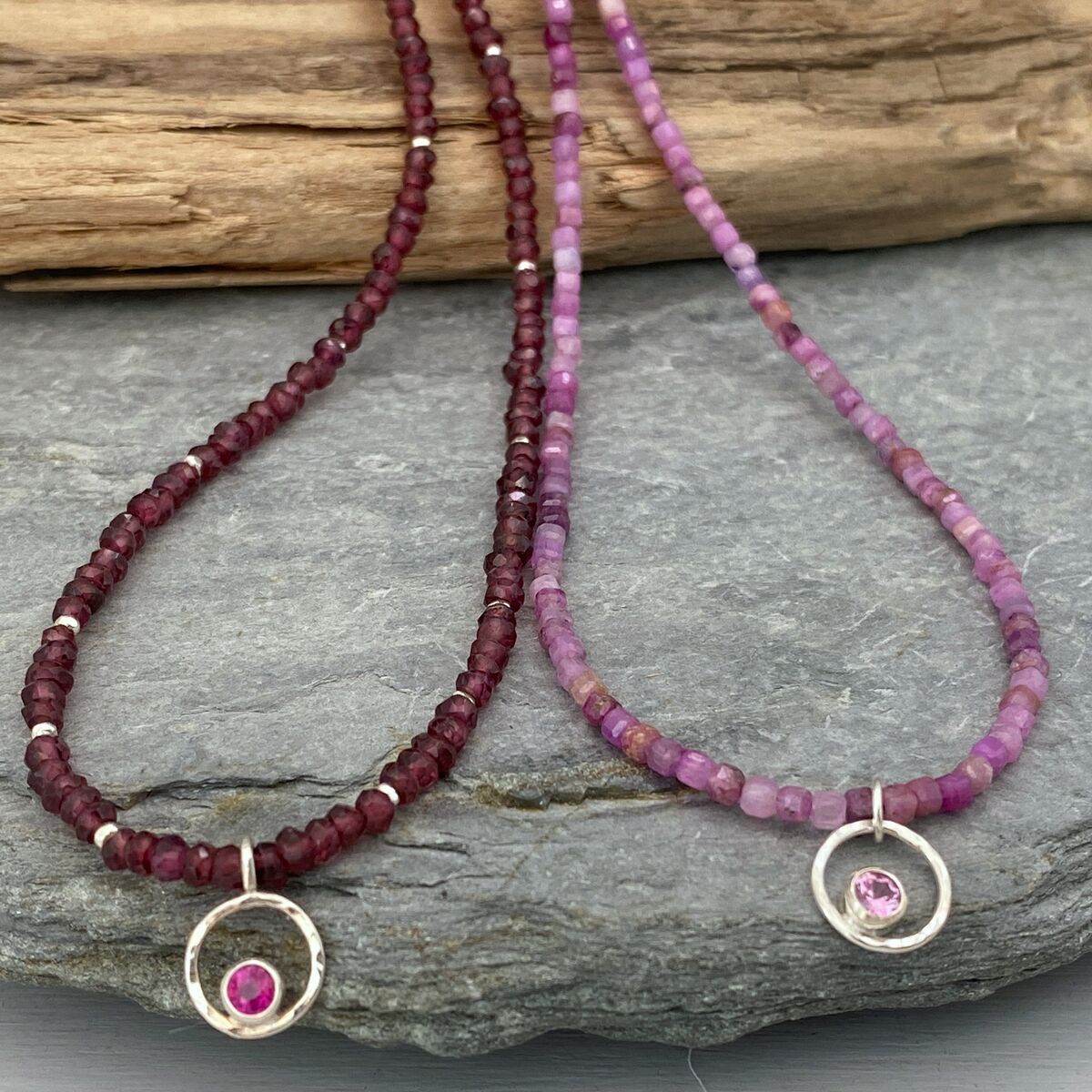 Ruby bead necklace with tiny sapphire pendant
