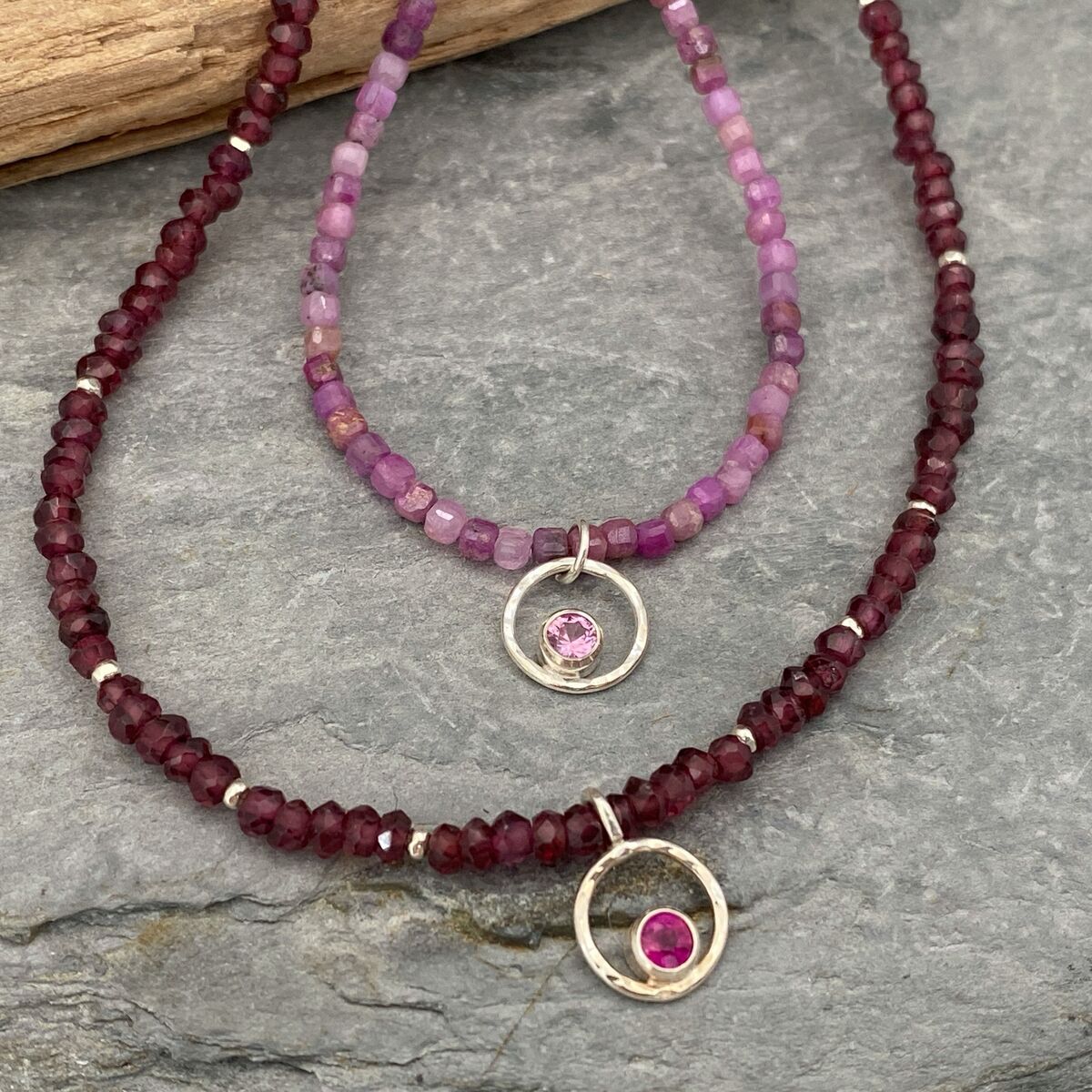 Ruby bead necklace with tiny sapphire pendant 2
