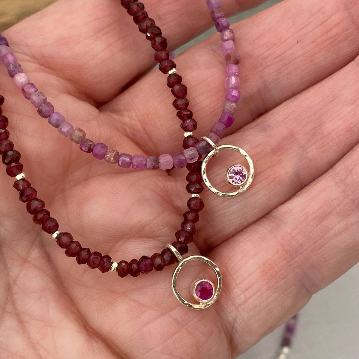 Ruby bead necklace with tiny sapphire pendant 3