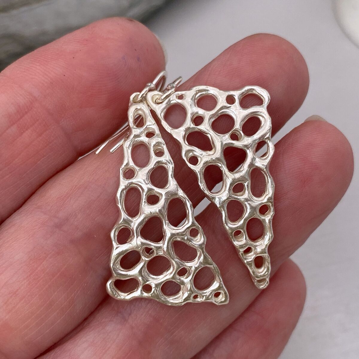 Organic silver triangular dangle earrings 3